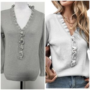 Ecowish Women’s V-Neck Long Sleeve Gray Medium Pearl/Rhinestone Button Sweater